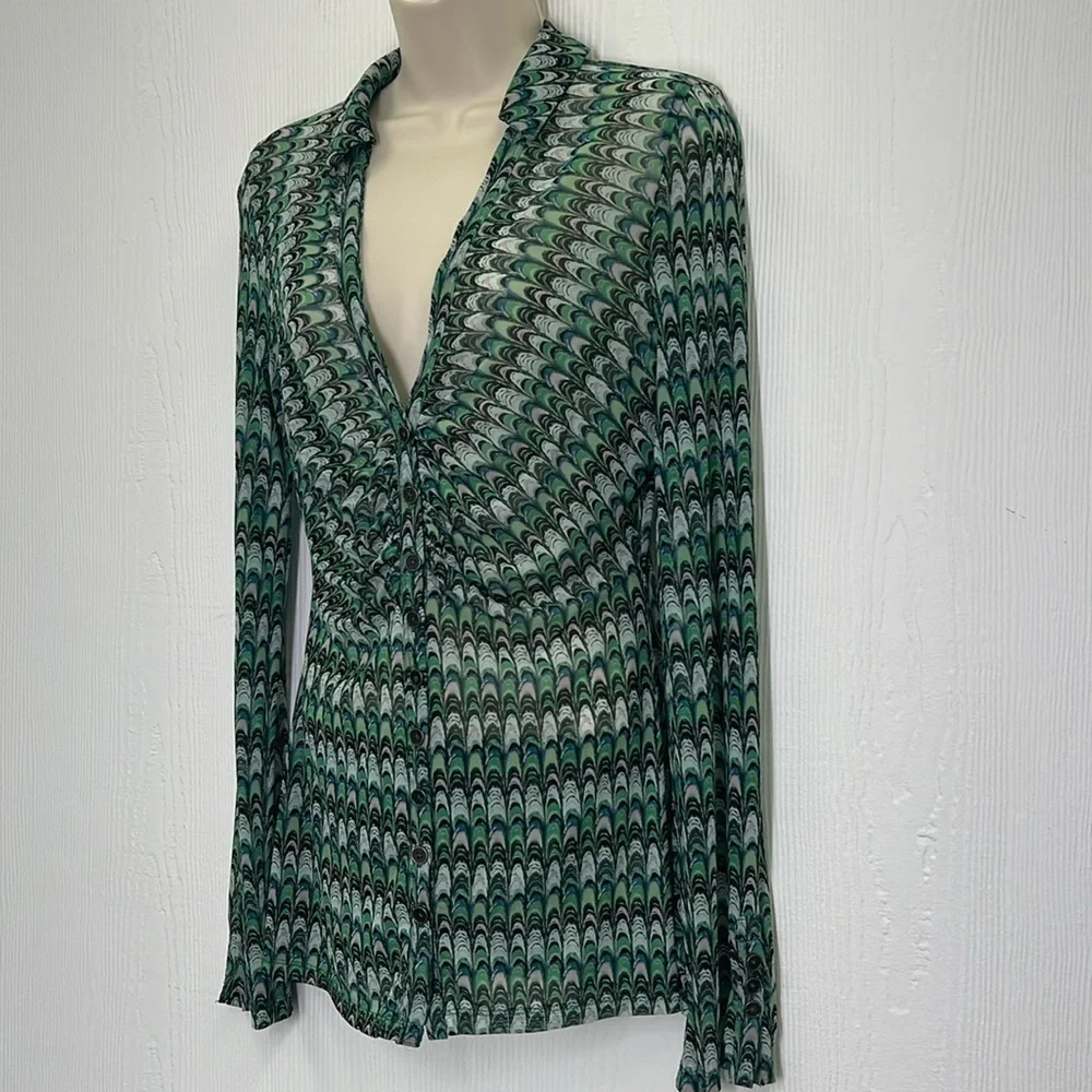 Free People - Green Fish Scale Button Down Ling Sleeve Sheer Blouse Size Small